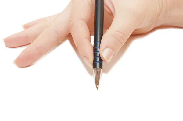 Ручка в руке женщины изолированы на белом — стоковое фото