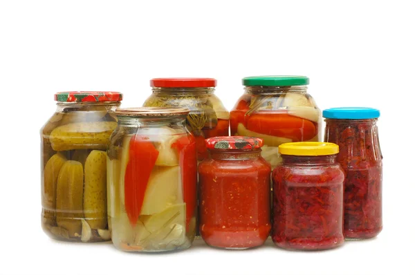 Glass jars with tinned vegetables — Stock Photo, Image