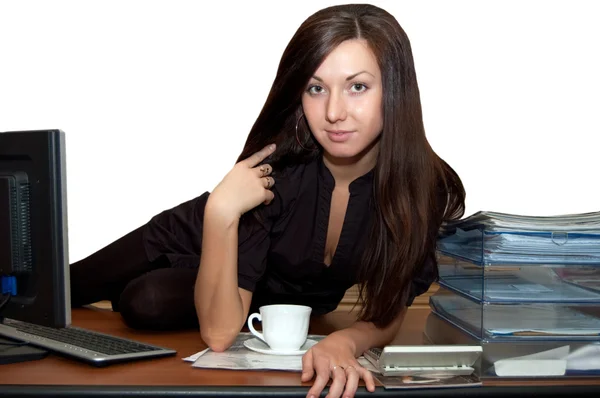 Chica en un sillón con una taza de café — Foto de Stock