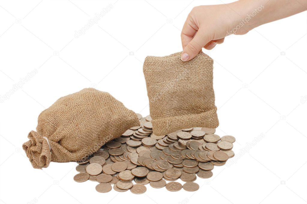 Female hand and bags with coins