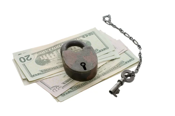 Money and the lock isolated on white — Stock Photo, Image