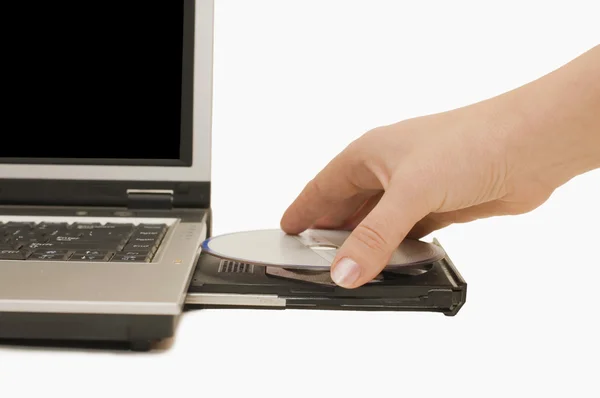 The hand puts a disk in the laptop — Stock Photo, Image