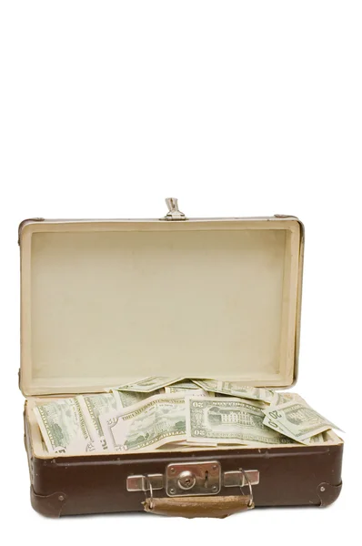 お金がいっぱい古いスーツケース — ストック写真