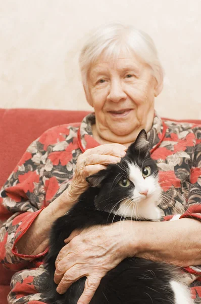Η γιαγιά με μια γάτα σε ένα καναπέ — Φωτογραφία Αρχείου