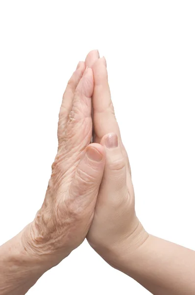 Hands of young woman and elderly man — Stock Photo, Image