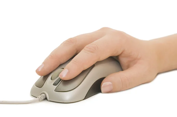 白で隔離される手とコンピューターのマウス — ストック写真