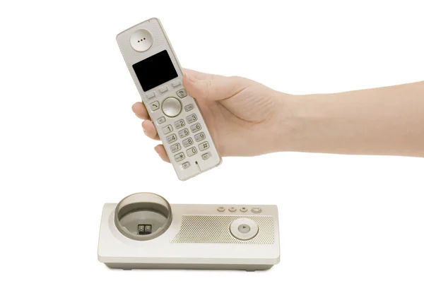 Χέρι με το τηλέφωνο που απομονώνονται σε λευκό — Φωτογραφία Αρχείου