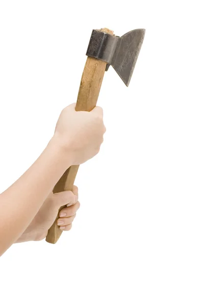 Geïsoleerde afbeelding voor axe in vrouwelijke hand — Stockfoto