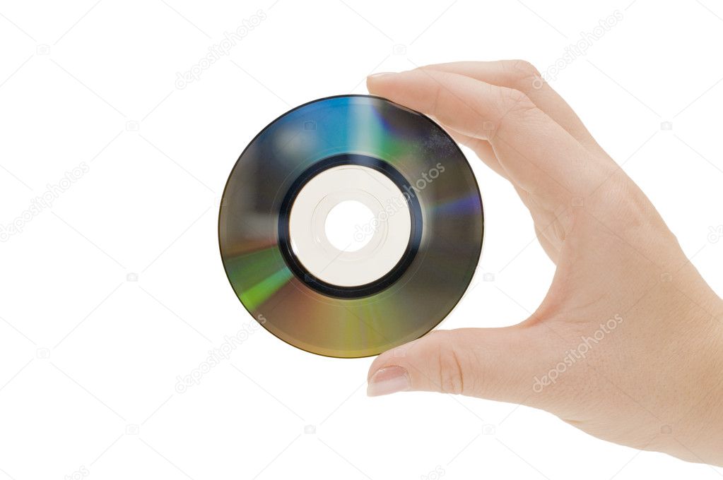 Hand with compact disk, isolated on white