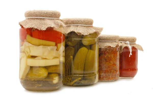 Glass jars with tinned vegetables — Stock Photo, Image