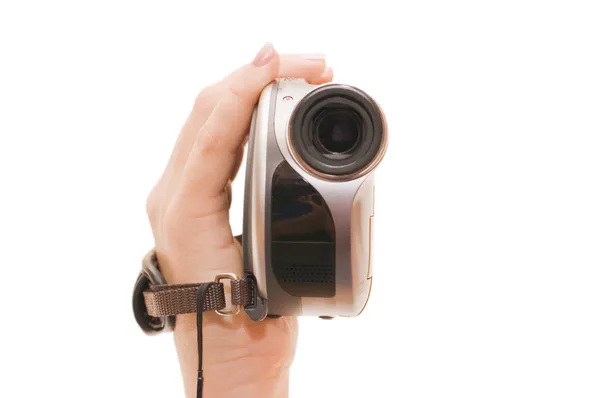 Видеокамера в женской руке — стоковое фото