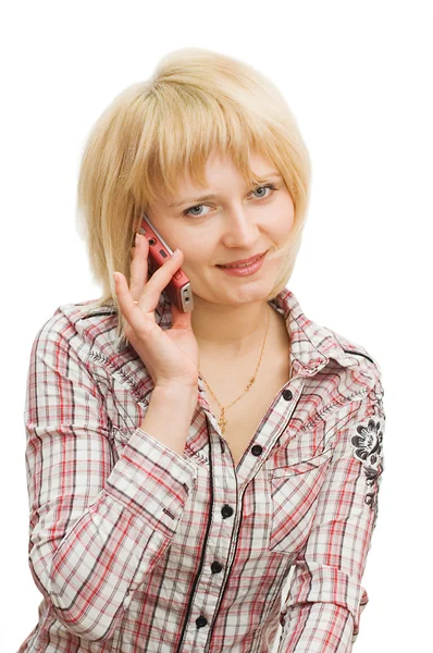 Menina fala por telefone isolado — Fotografia de Stock
