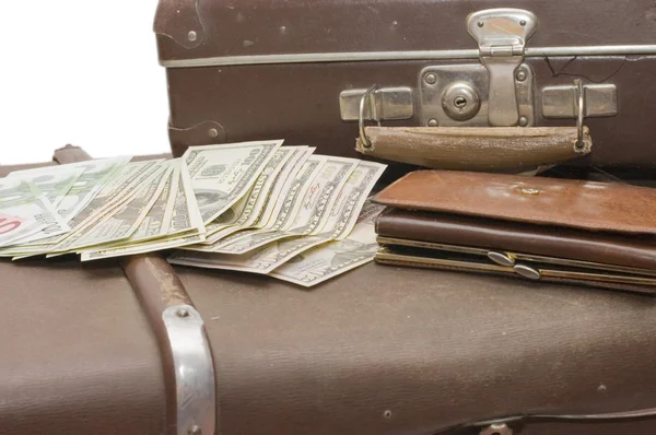 お金は古いスーツケースに産む — ストック写真