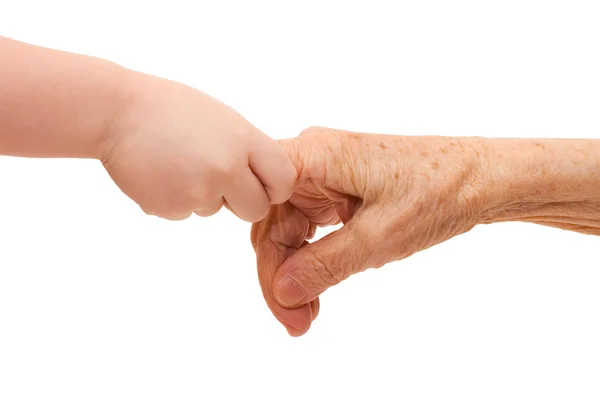 Velhos e crianças mãos em um branco — Fotografia de Stock