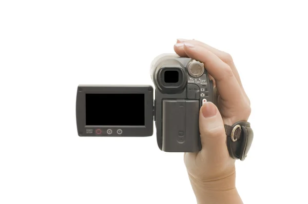 Videocamera em uma mão feminina — Fotografia de Stock