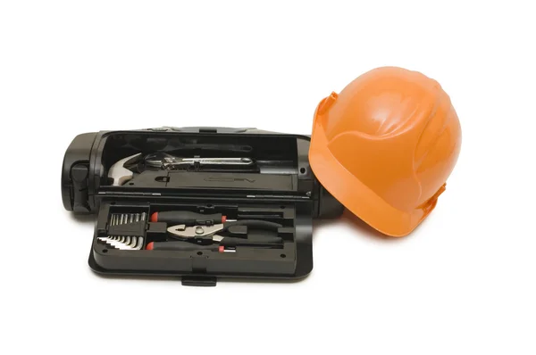 Box für Werkzeuge ein Helm isoliert — Stockfoto