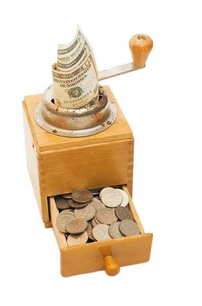 Old coffee grinder with money on white — Stock Photo, Image