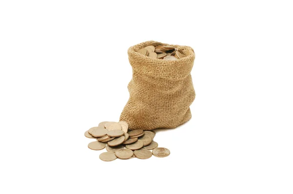 Monedas de dinero en bolsa aisladas en blanco — Foto de Stock
