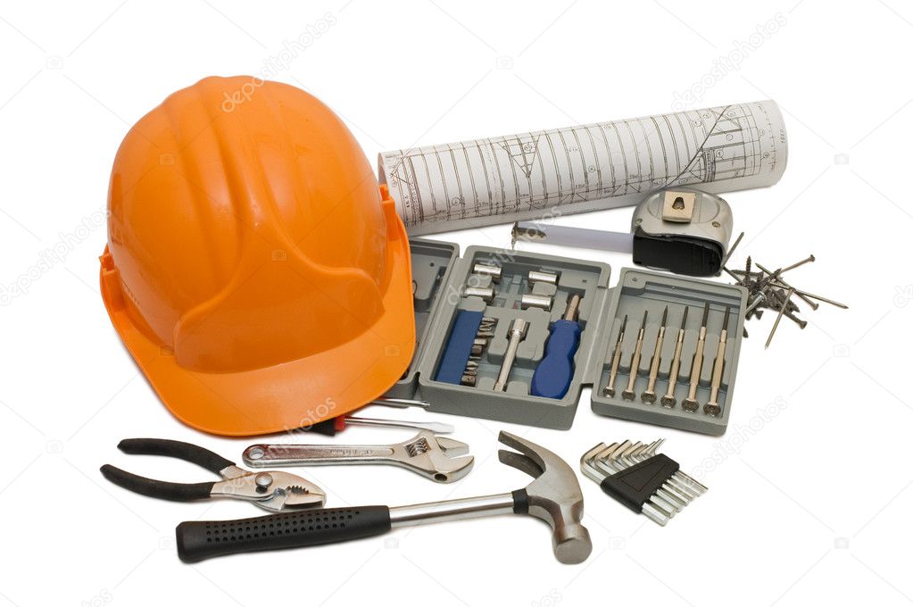 Orange helmet and different tools