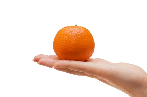 A női kéz elszigetelt mandarin고립 된 여성 손에 귤 — 스톡 사진