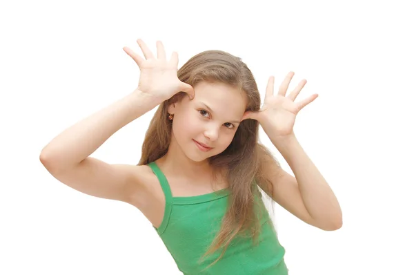 Mladá dívka drží ruce na hlavu — Stock fotografie
