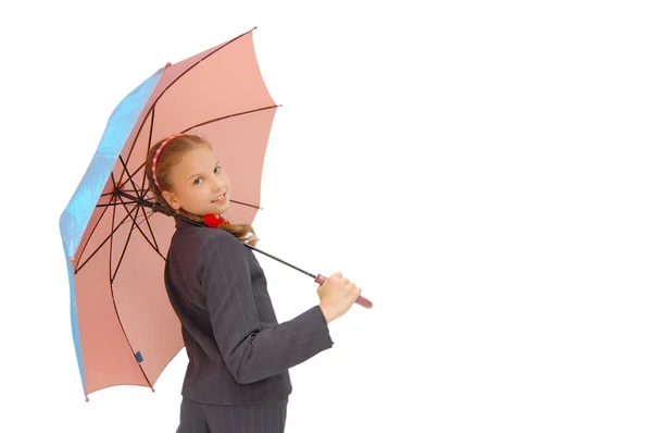 可爱的少女，带着粉红雨伞 — 图库照片