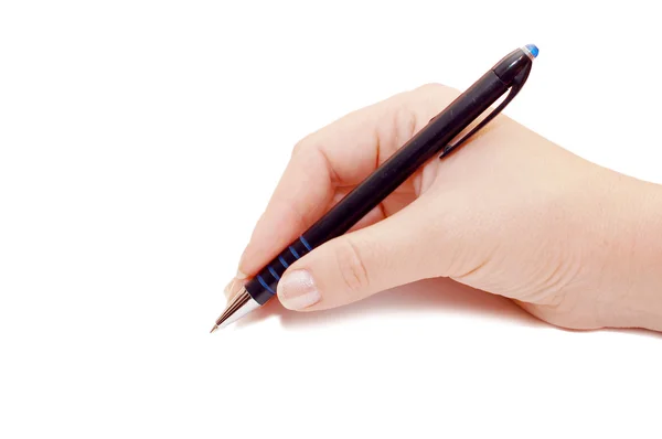 Ручка в руке женщины изолированы на белом — стоковое фото