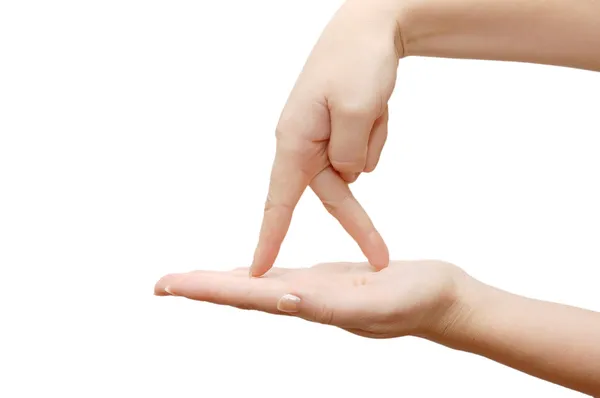 Finger gehen isoliert über die offene Handfläche — Stockfoto