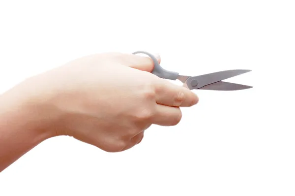Ножиці в руці ізольовані на білому — стокове фото