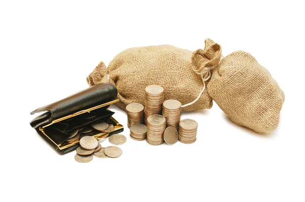 Purse and bags with coins isolated — Stock Photo, Image
