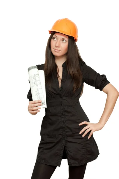 Belo arquiteto em um capacete laranja — Fotografia de Stock