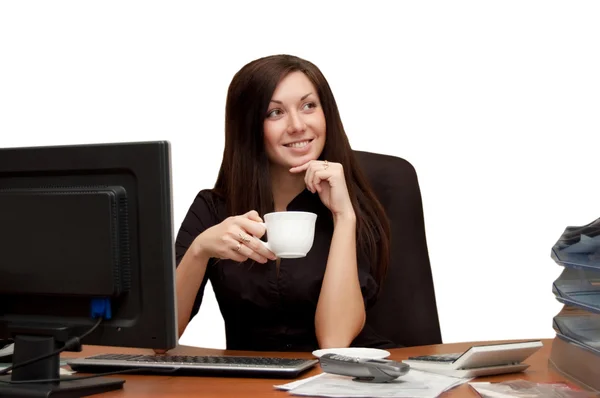 Dívka v křesle s šálkem kávy — Stock fotografie