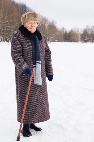Porträtt av den gammala kvinnan på vintern — Stockfoto