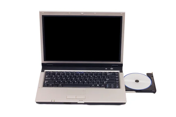 Computer portatile isolato su bianco, vassoio cd aperto — Foto Stock