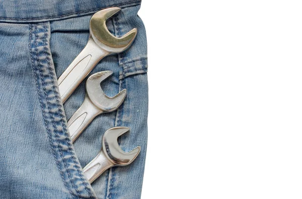 Three Wrenches in Blue Jeans Pocket — Stock Photo, Image