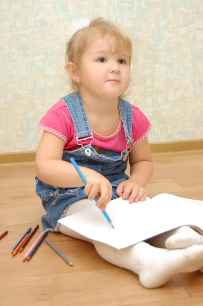 Small cute painting girl at home — Stock Photo, Image