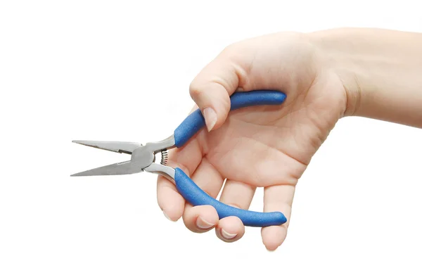Hand taking a flat-nose plier over white — Stock Photo, Image