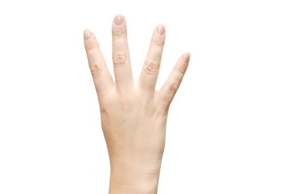 Mão das mulheres mostra o número quatro — Fotografia de Stock