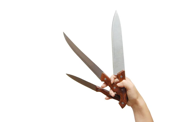 Ruka drží nůž izolované na bílém — Stock fotografie