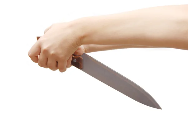 Hand holding a knife isolated on white — Stock Photo, Image