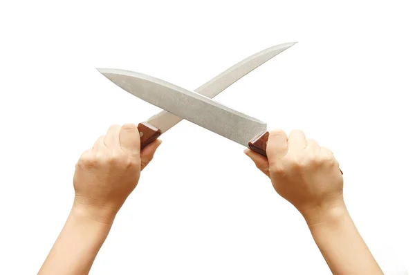 Χέρι που κρατά ένα μαχαίρι που απομονώνονται σε λευκό — Φωτογραφία Αρχείου