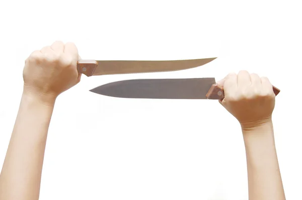 Χέρι που κρατά ένα μαχαίρι που απομονώνονται σε λευκό — Φωτογραφία Αρχείου
