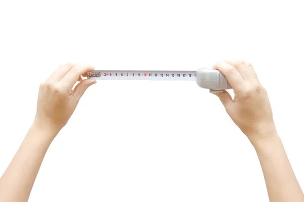 Hand holding a measuring roulette — Stock Photo, Image