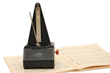 Metronome on sheet music background clipart