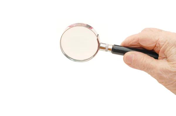 View magnifier old hand take in fingers — Stock Photo, Image