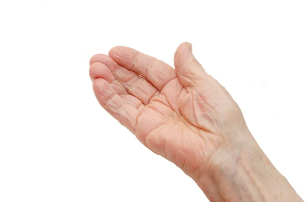 Mão velha sobre um fundo branco — Fotografia de Stock
