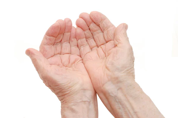 Mãos velhas sobre um fundo branco — Fotografia de Stock