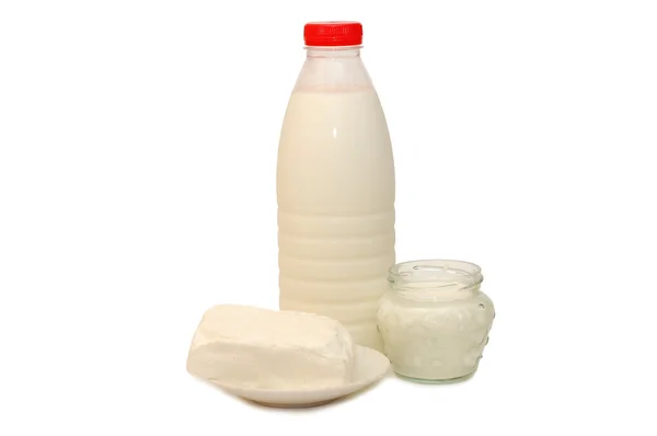 Milchflasche, Quark saure Sahne — Stockfoto