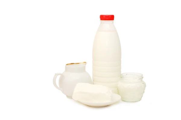 Mléko láhev, tvaroh, Zakysaná smetana — Stock fotografie