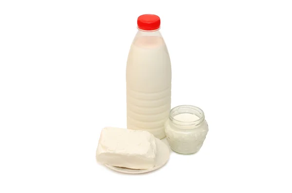 Milk bottle, cottage cheese sour cream — Stock Photo, Image
